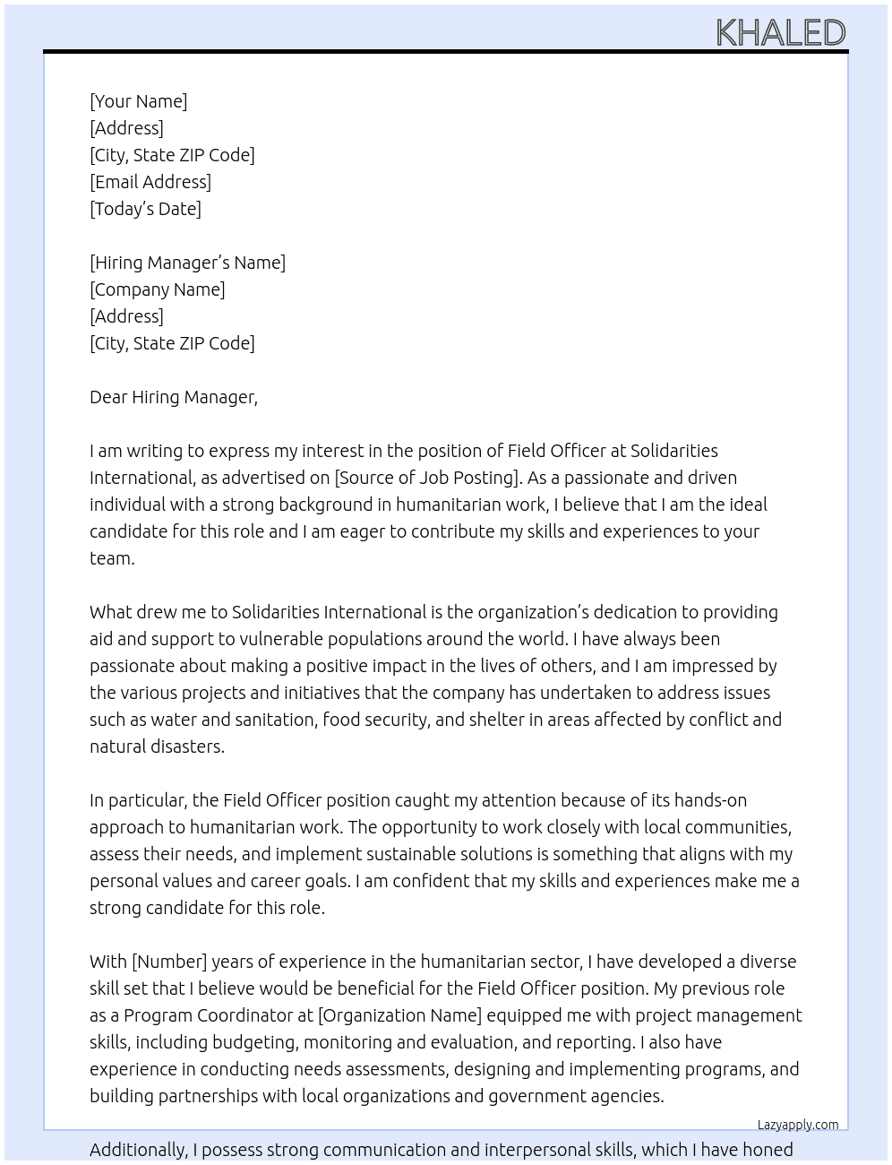 Field Officer At Solidarities International Cover Letter