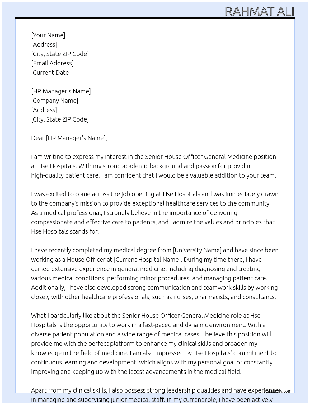 Senior House Officer General Medicine At Hse Hospitals Cover Letter