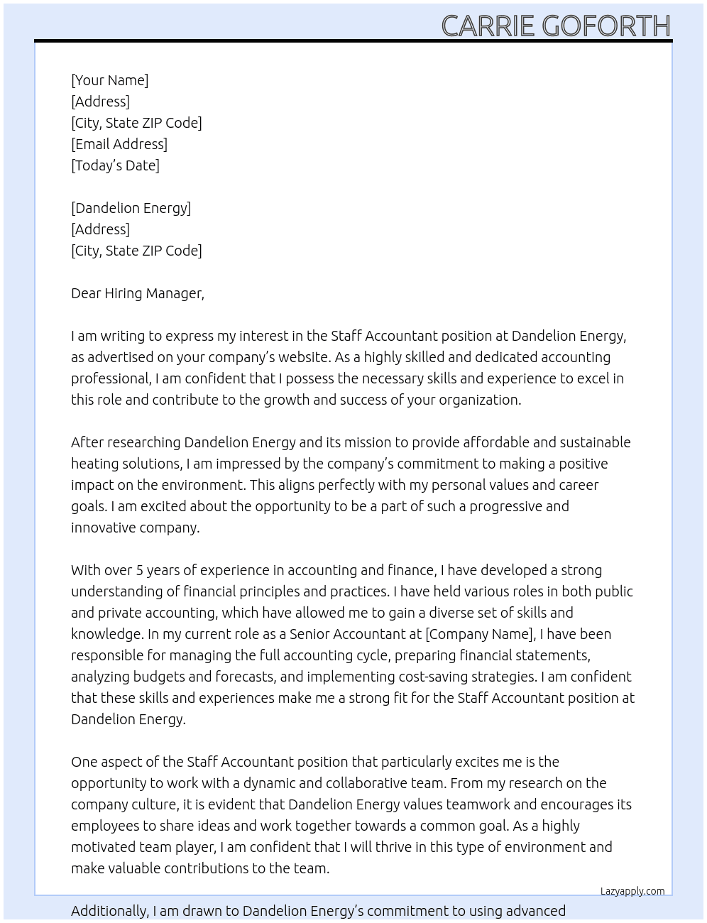 Staff Accountant At Dandelion Energy Cover Letter