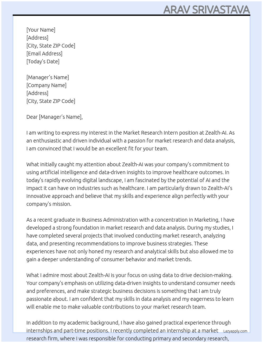 market research intern At Zealth-AI Cover Letter