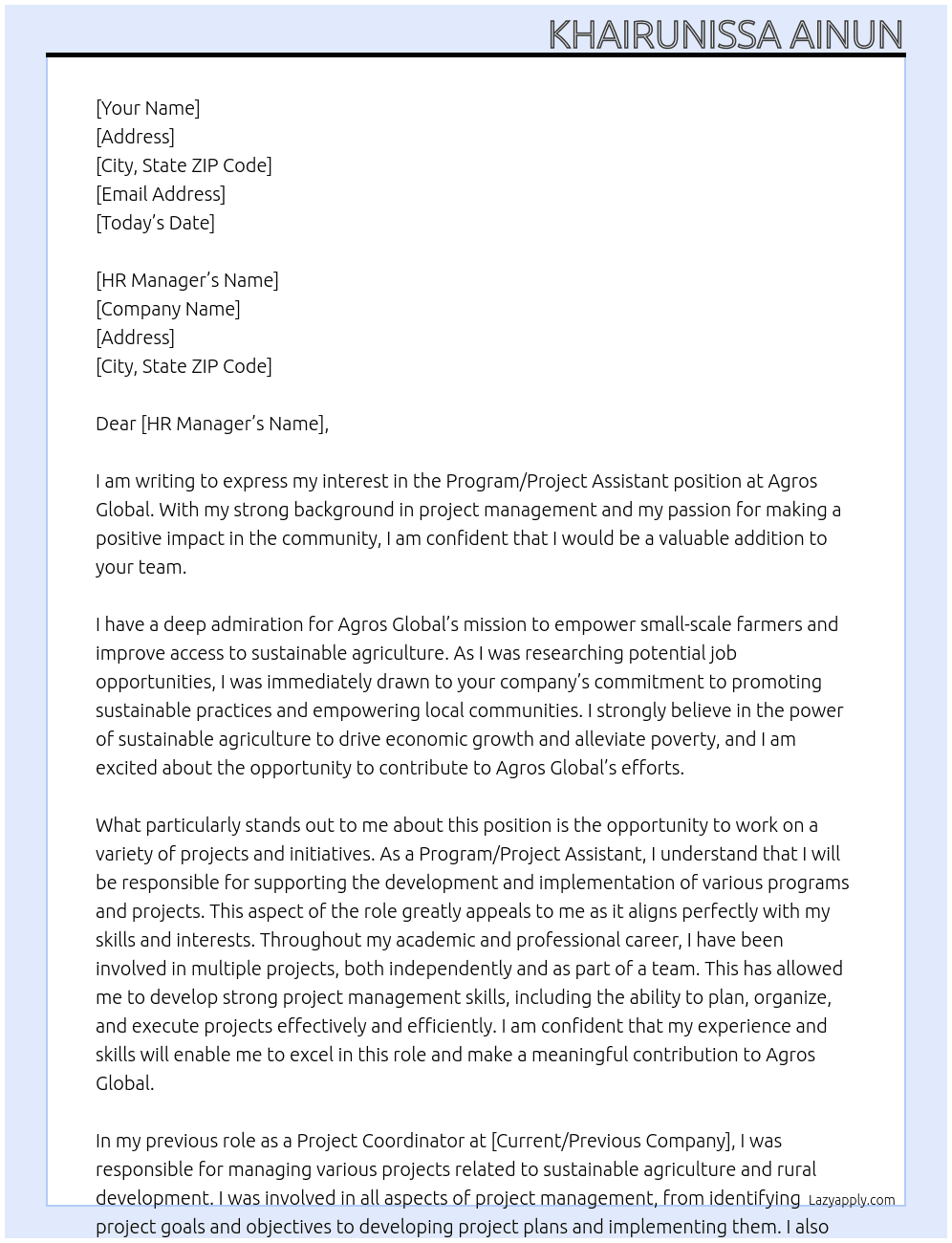 Program / Project assistant At Agros Global Cover Letter