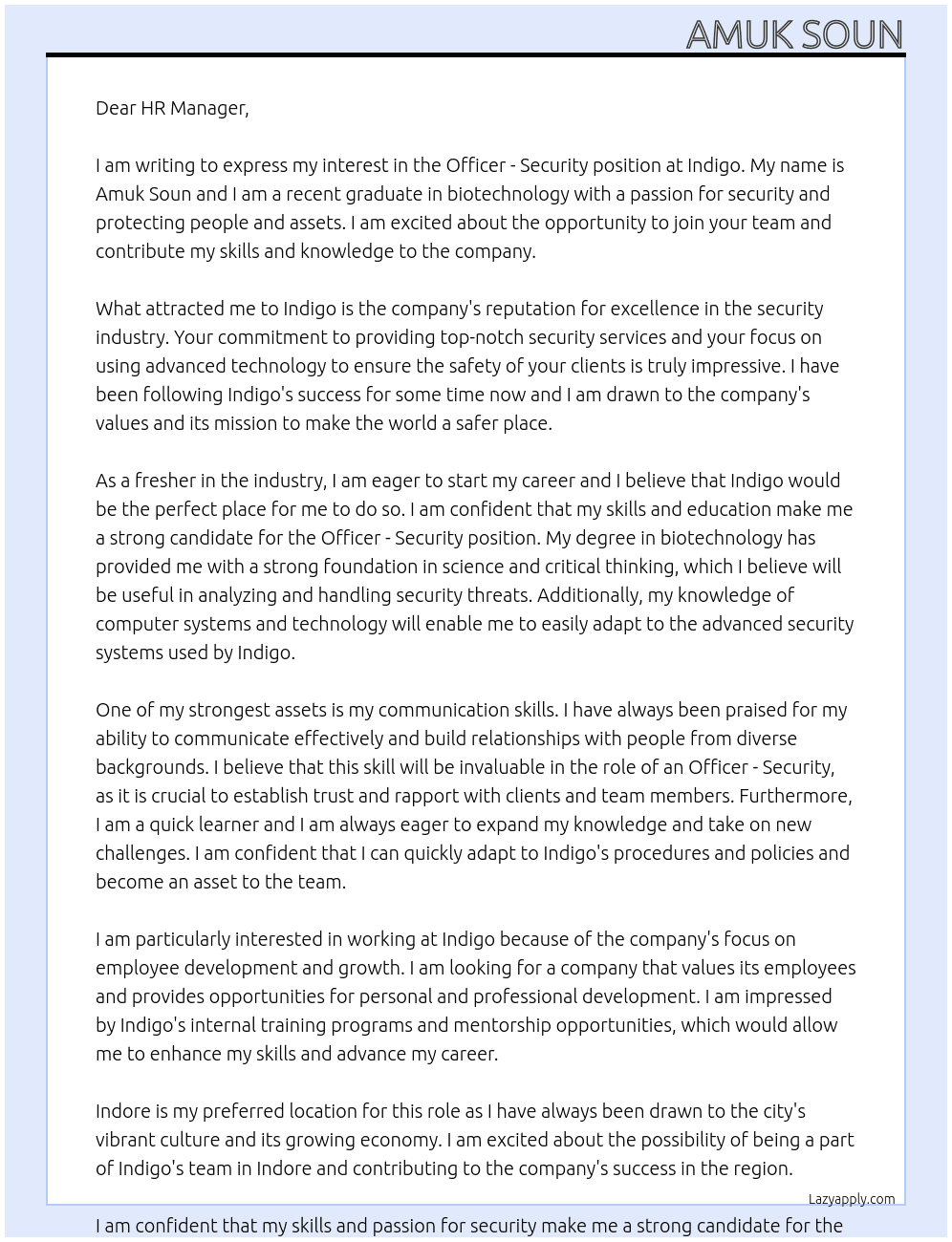 Officer - Security At Indigo Cover Letter