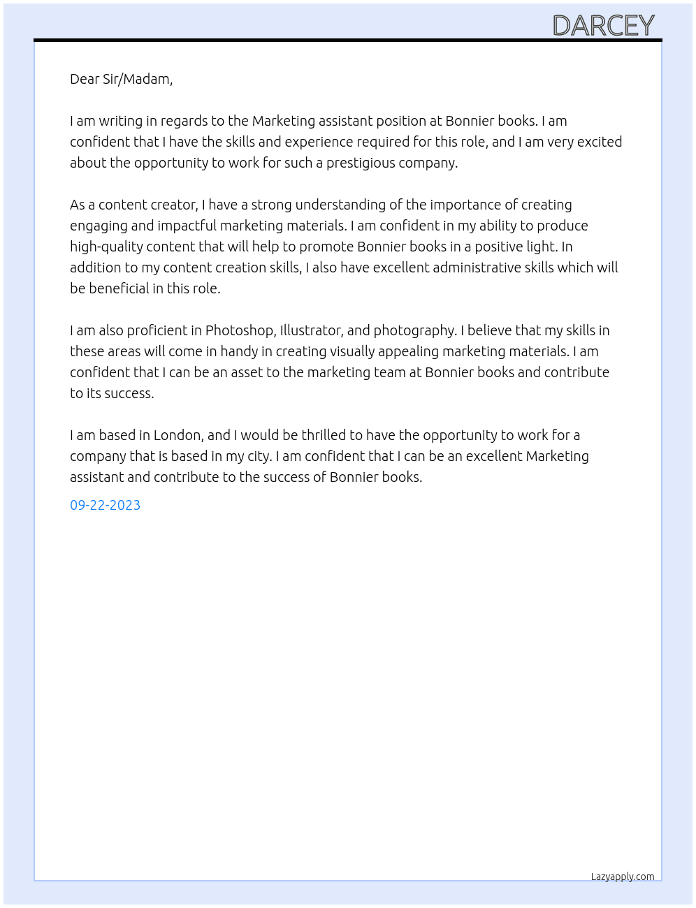 Marketing assistant  At Bonnier books Cover Letter