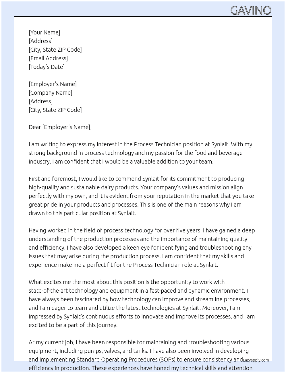 process technician At synlait Cover Letter