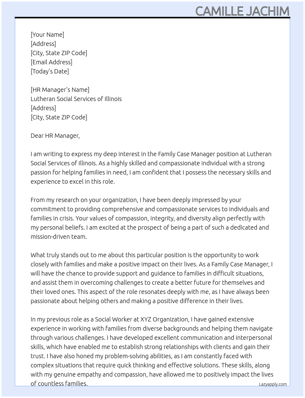 Family Case Manager At Lutheran Social Services of Illinois Cover Letter
