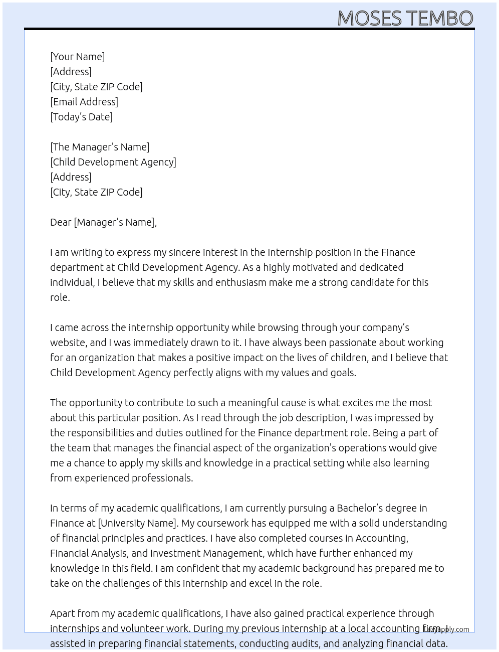 Internships  At Child Development Agency Cover Letter