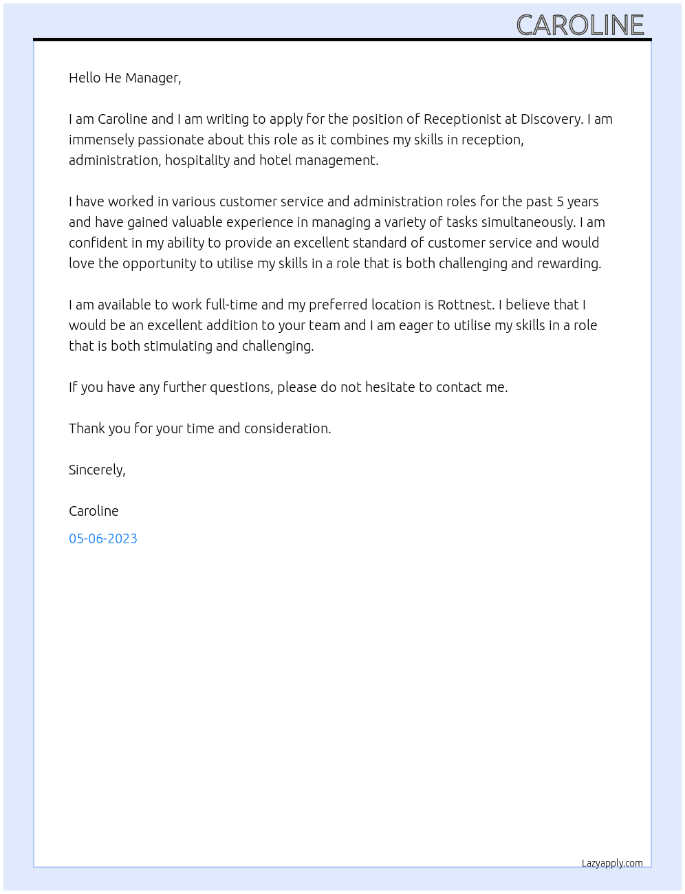 Receptionist At Discovery Cover Letter