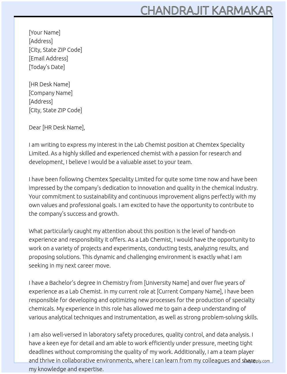 Lab Chemist At Chemtex Speciality Limited Cover Letter