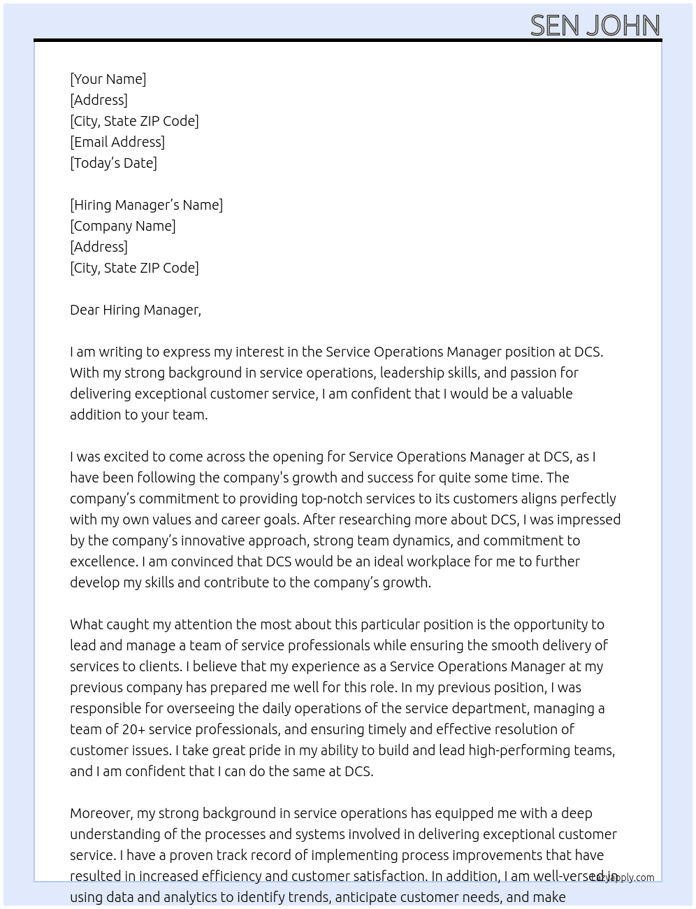 Service Operations Manager At DCS Cover Letter