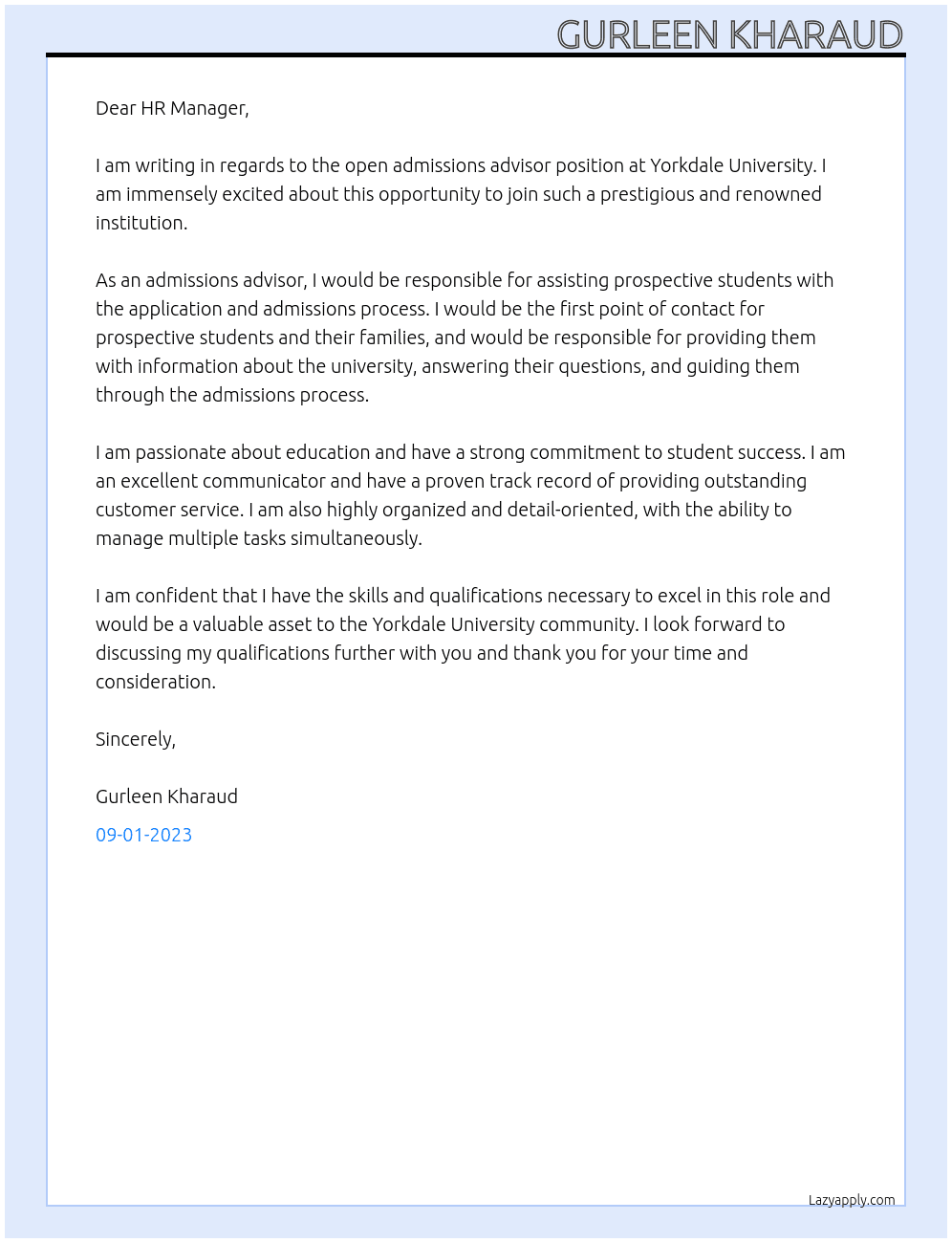 admissions advisor At YORKDALE UNIVERSITY Cover Letter