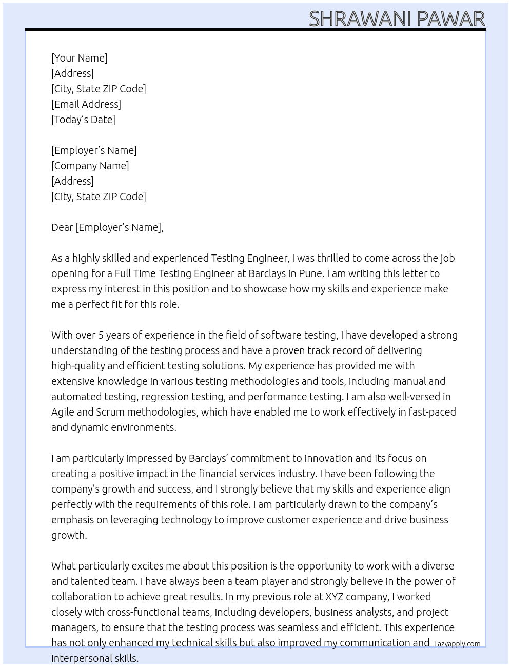Testing Engineer At Barclays Cover Letter