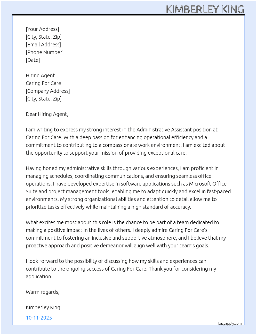 Administrative Assistant At Caring For Care  Cover Letter