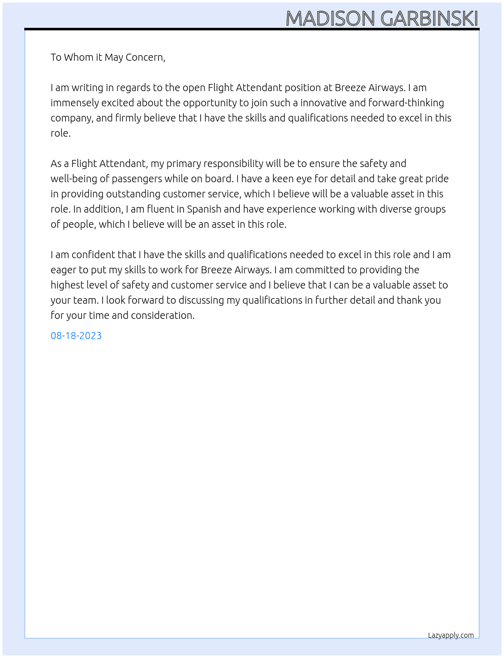 Flight Attent At Breeze Airways Cover Letter