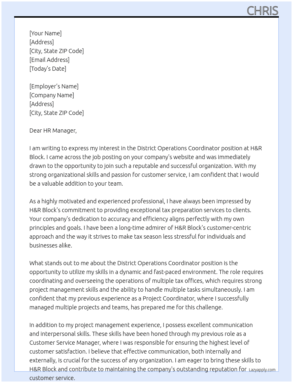 District Operations Coordinator At H&R Block Cover Letter
