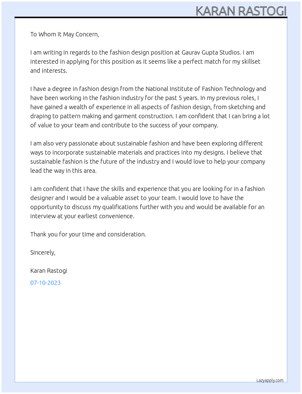 fashion design At Gaurav Gupta Cover Letter