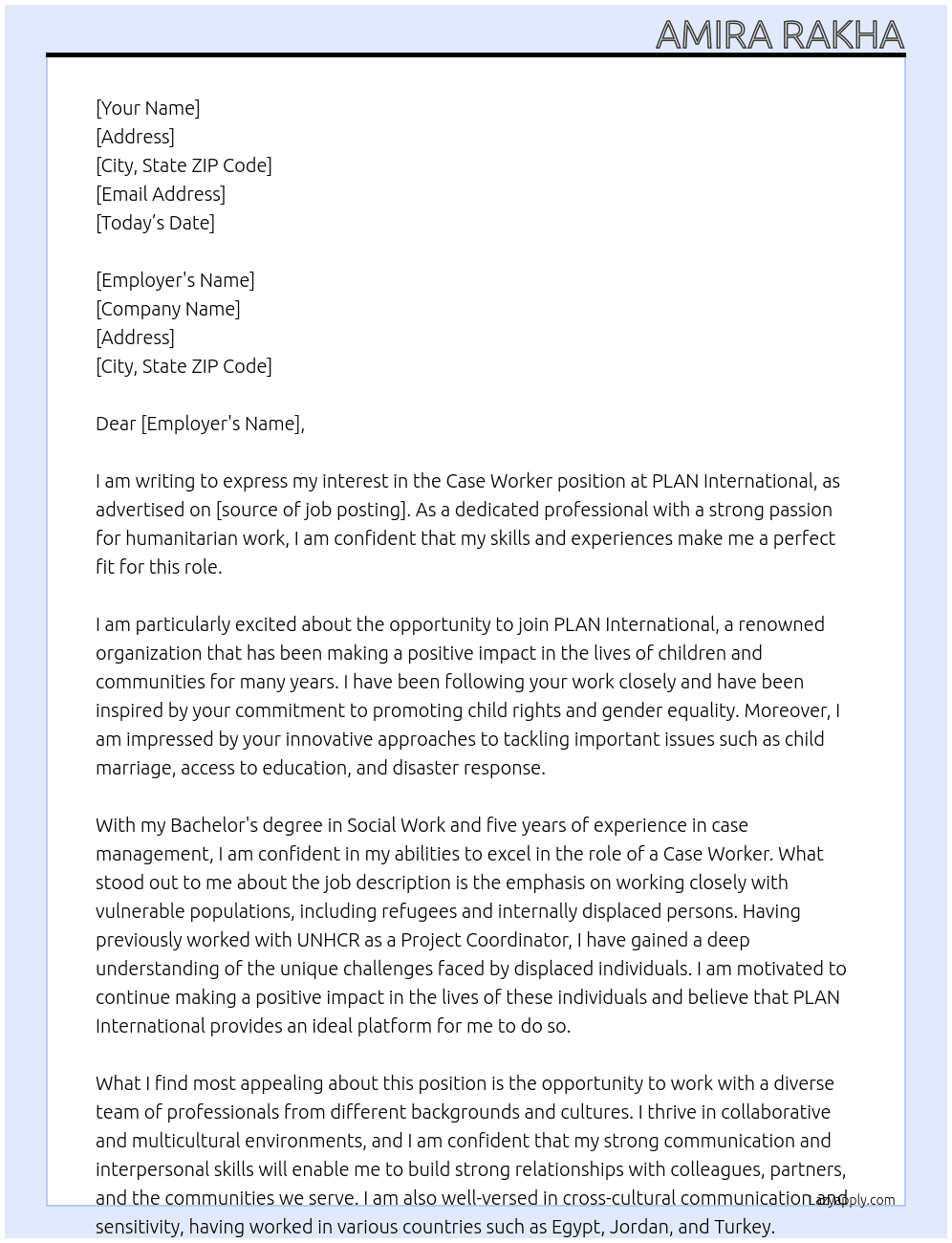 Case worker At PLAN International Cover Letter