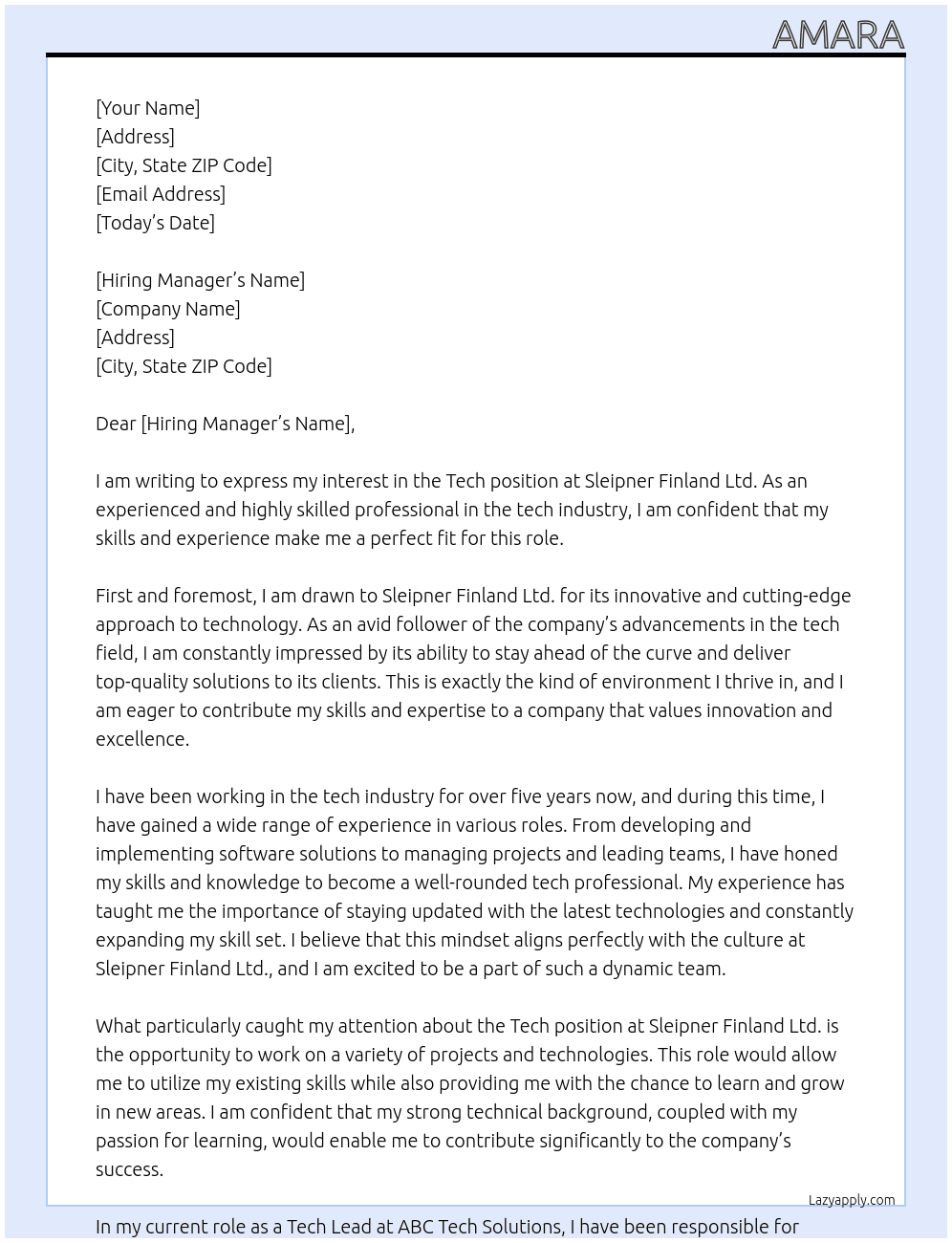 Tech At Sleipner Finland Ltd.  Cover Letter