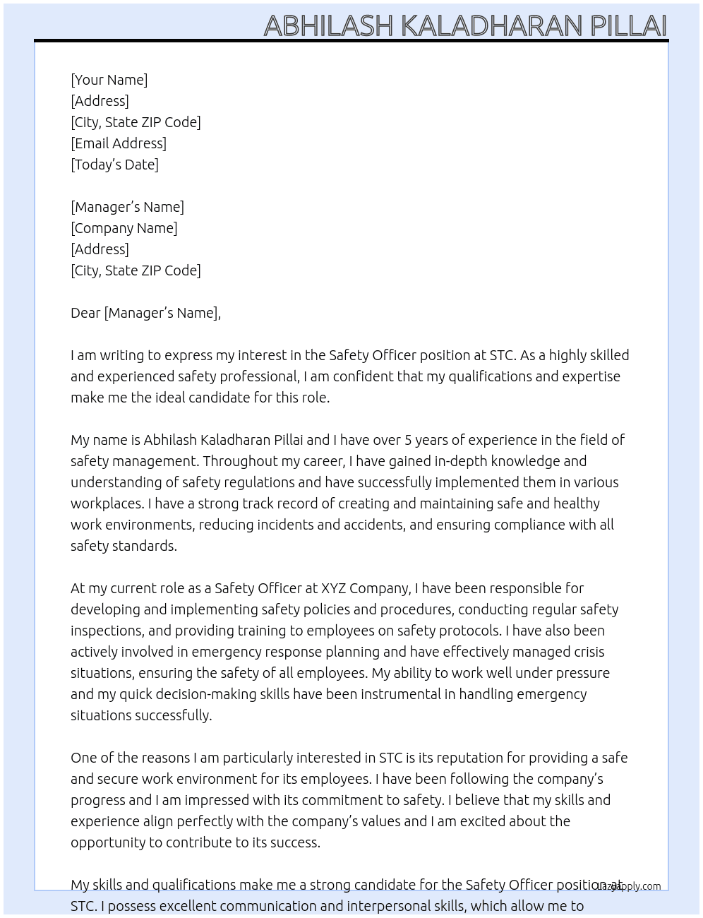 Safety officer At Stc Cover Letter