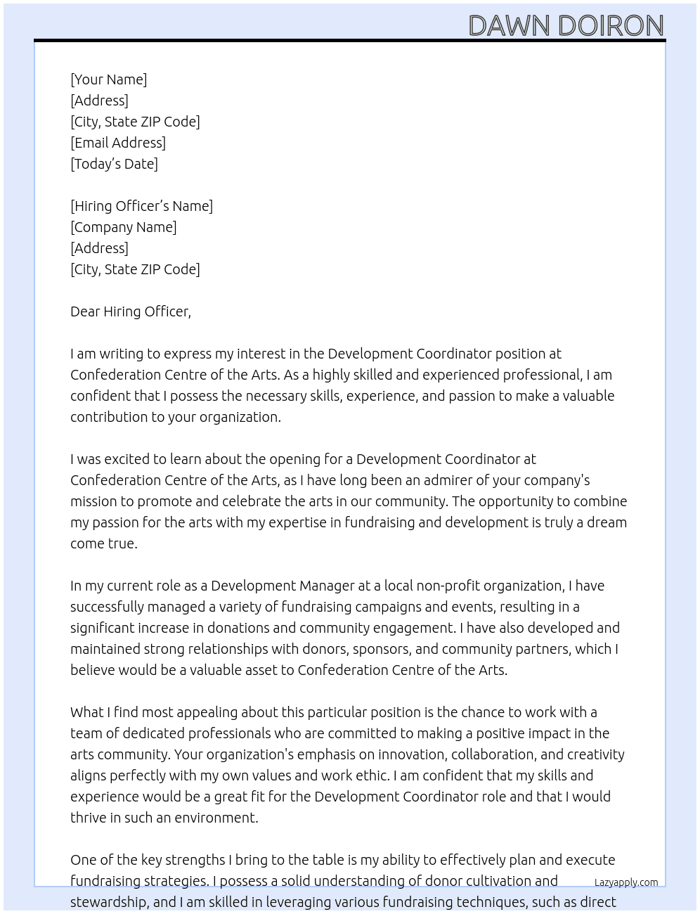 Development Coordinator At Confederation Centre of the Arts Cover Letter