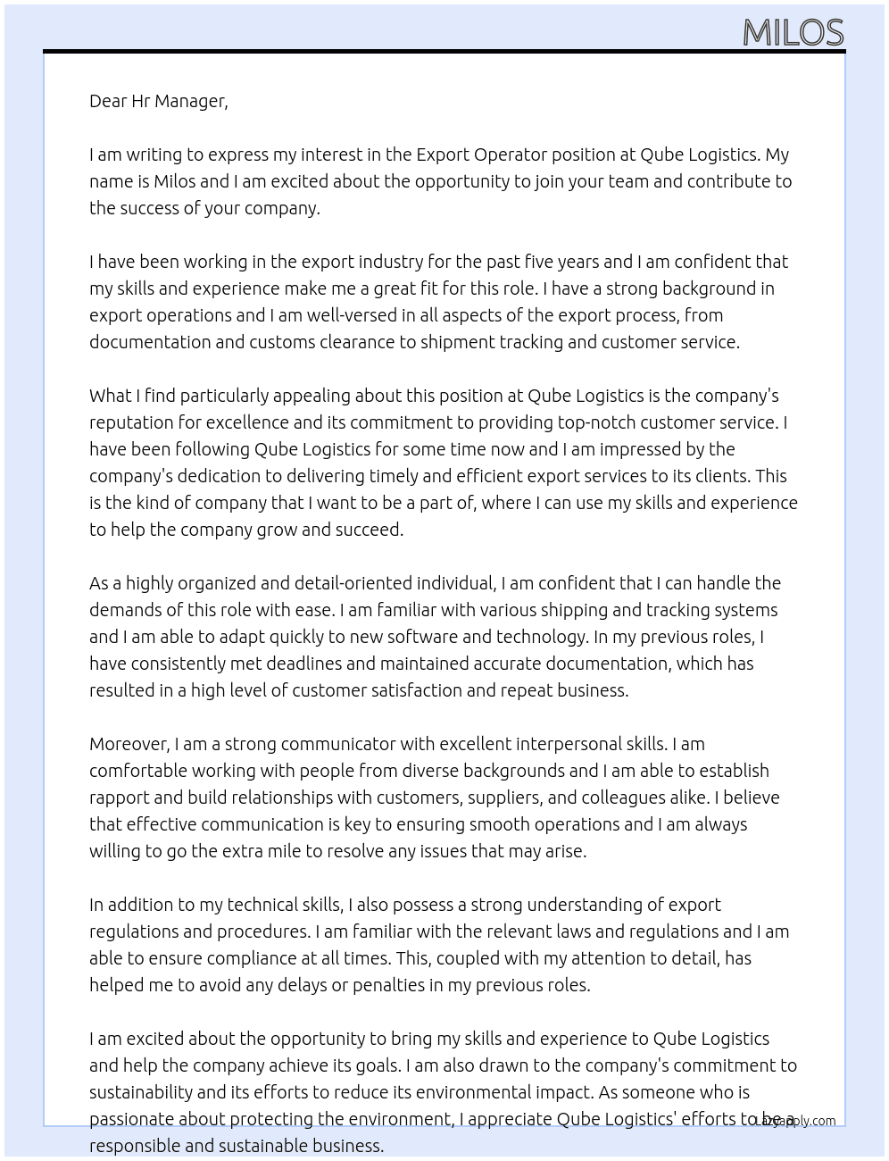Export Operator At Qube Logistics Cover Letter