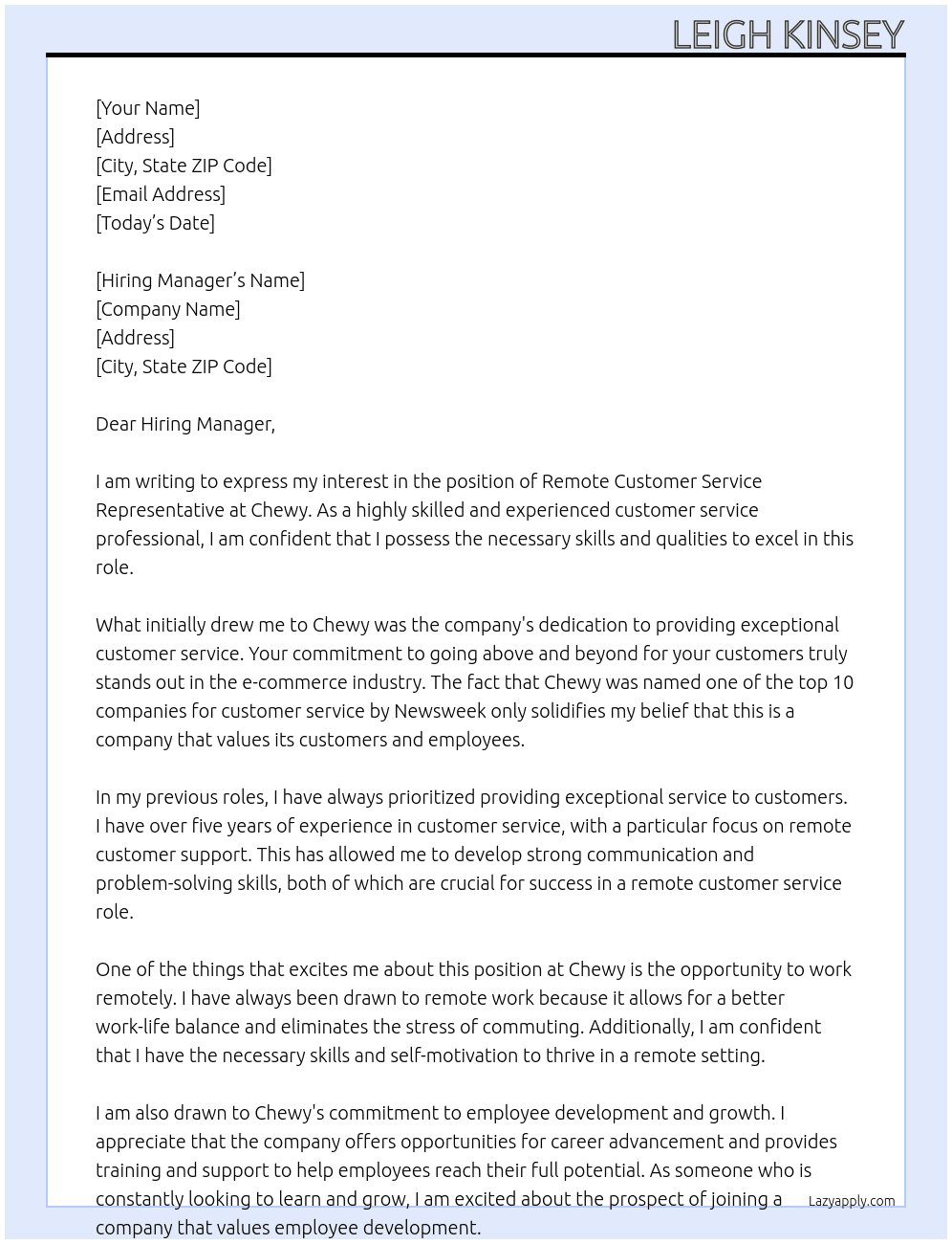 Remote Customer Service  Representative At Chewy Cover Letter