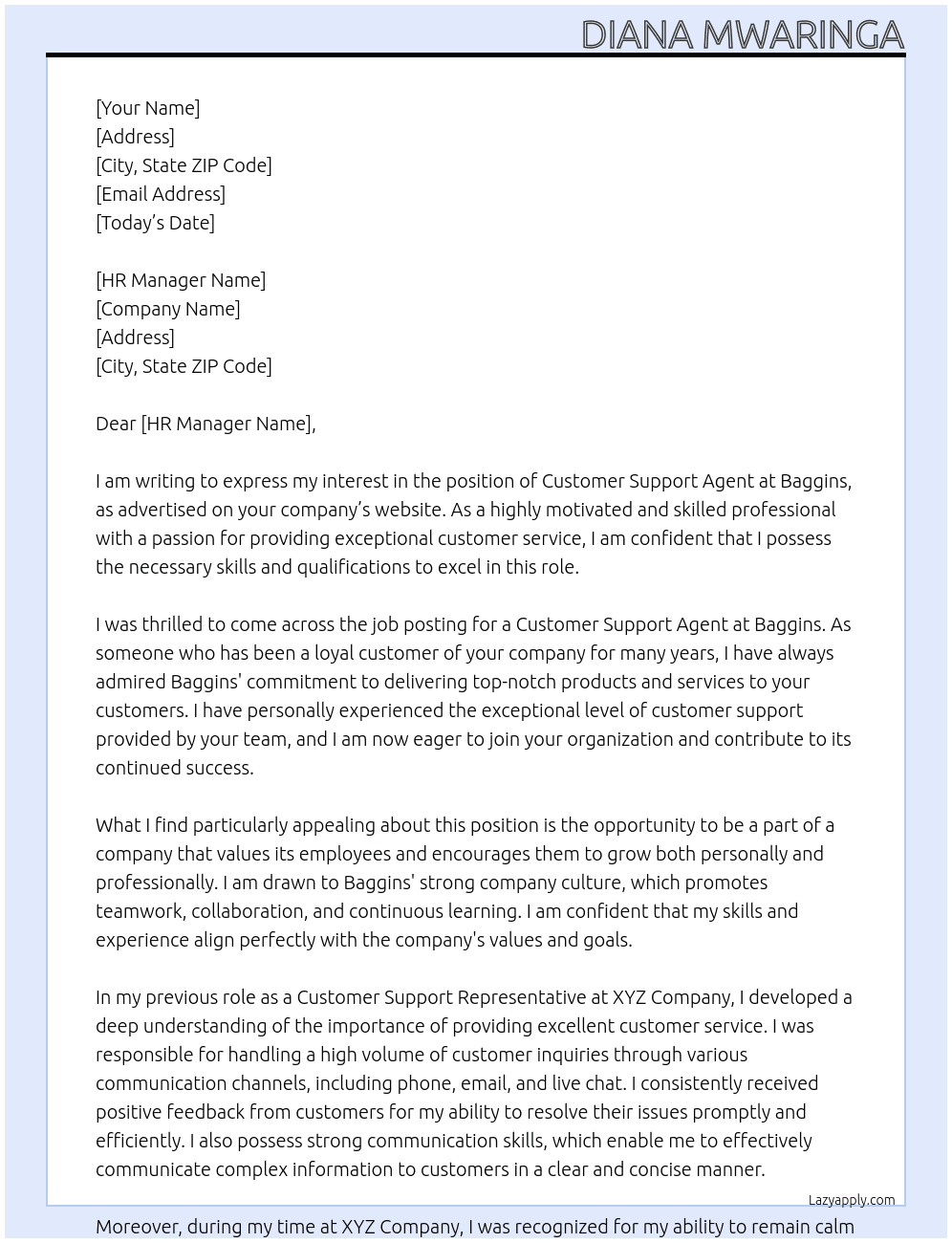Customer Support Agent At Baggins Cover Letter