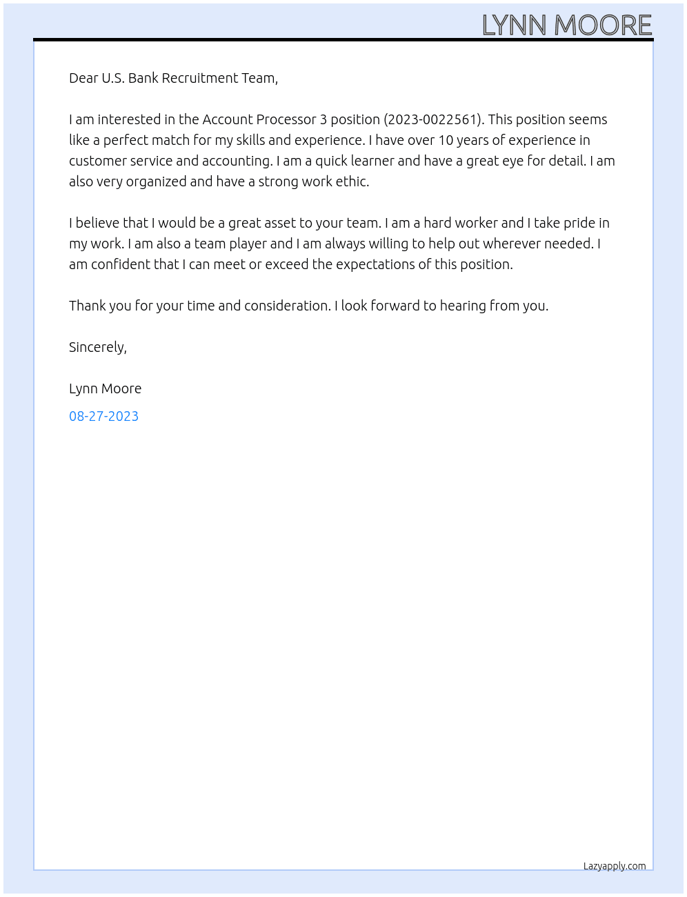 Account Processor 3 (Account Processor 3 (2023-0022561) At U.S. Bank Cover Letter