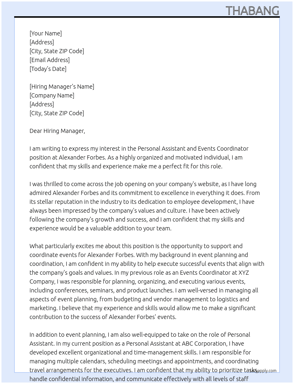 Personal Assistant and Events Coordinator  At Alexander Forbes Cover Letter