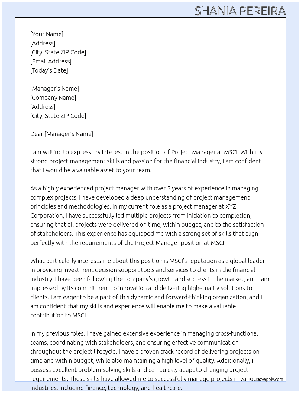 Project manager At msci Cover Letter