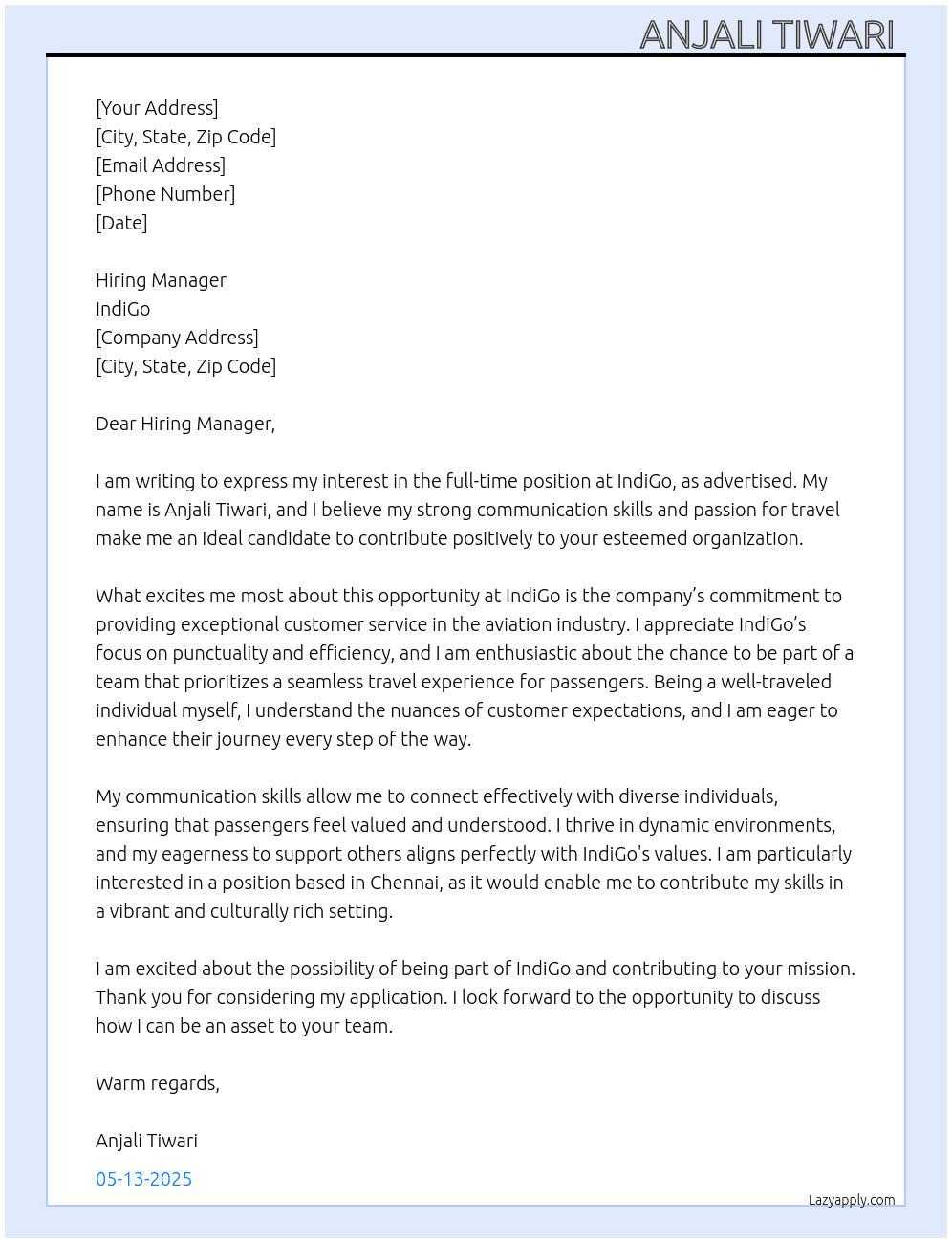 Airline  At Indigo  Cover Letter