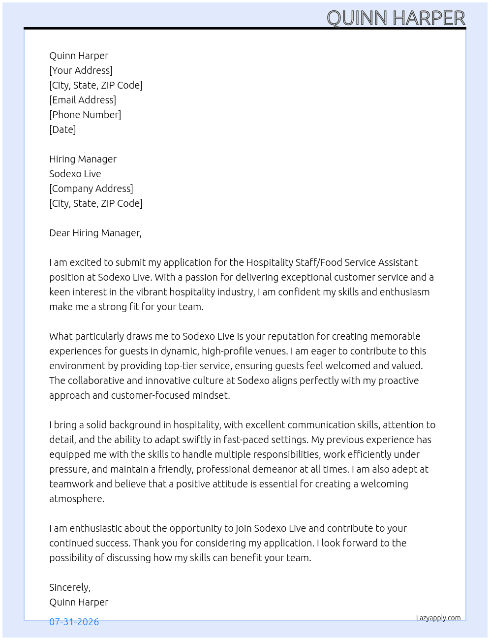 Cover letter for hospitality staff/food service assistant - LazyApply