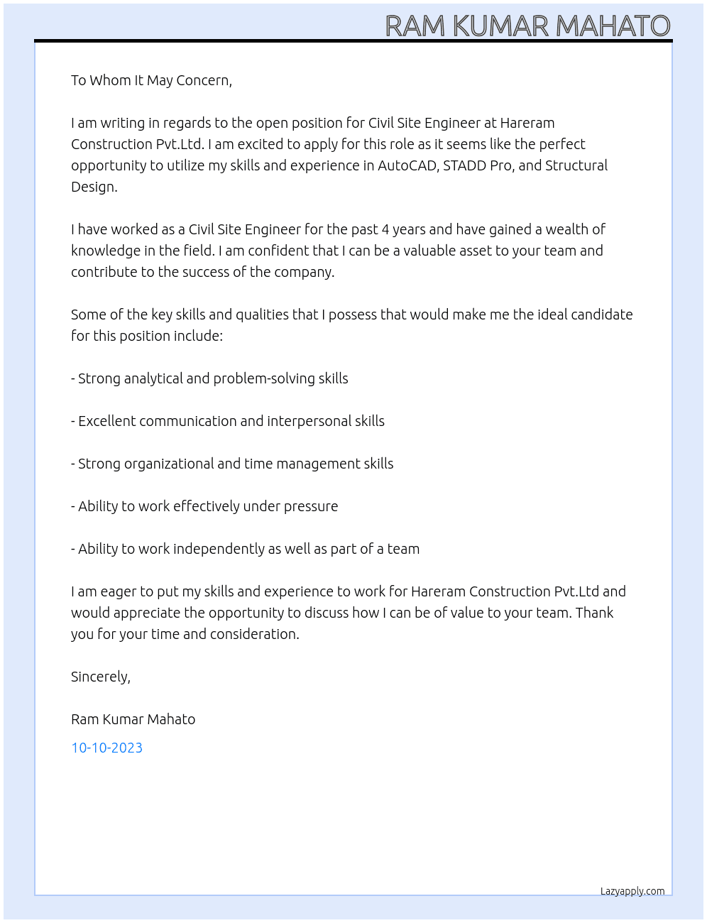 Civil Site Engineer At Hareram Construction Pvt.Ltd  Cover Letter