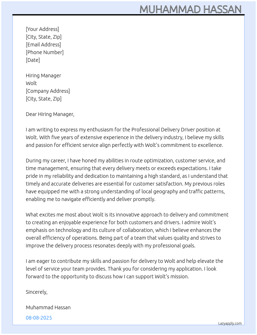 Professional delivery driver  At Wolt  Cover Letter
