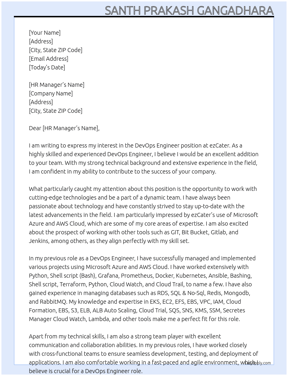 DevOps Engineer At ezCater Cover Letter