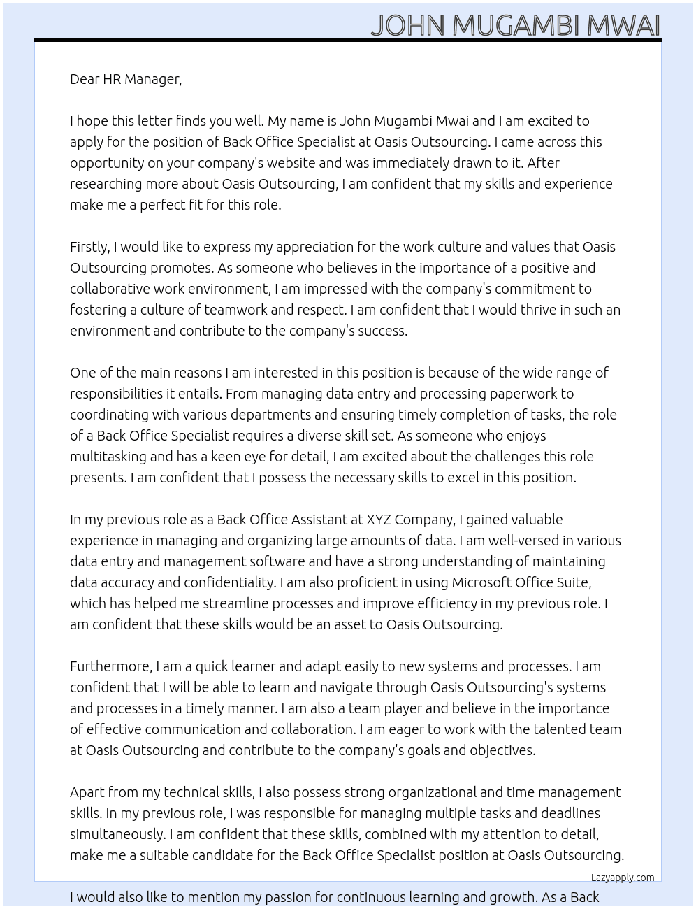 back office specialist At Oasis Outsourcing Cover Letter