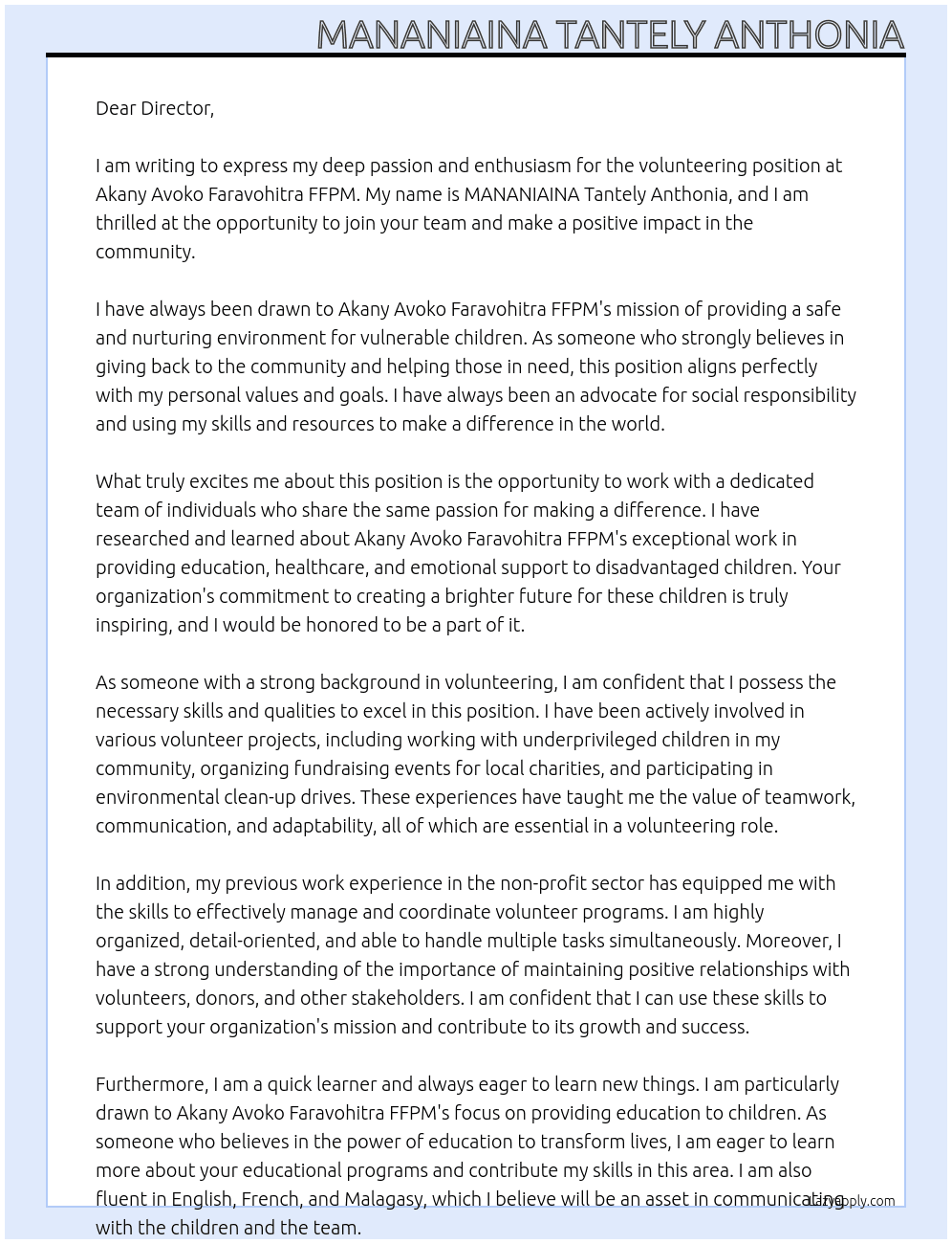Volunteering At Akany Avoko Faravohitra FFPM Cover Letter