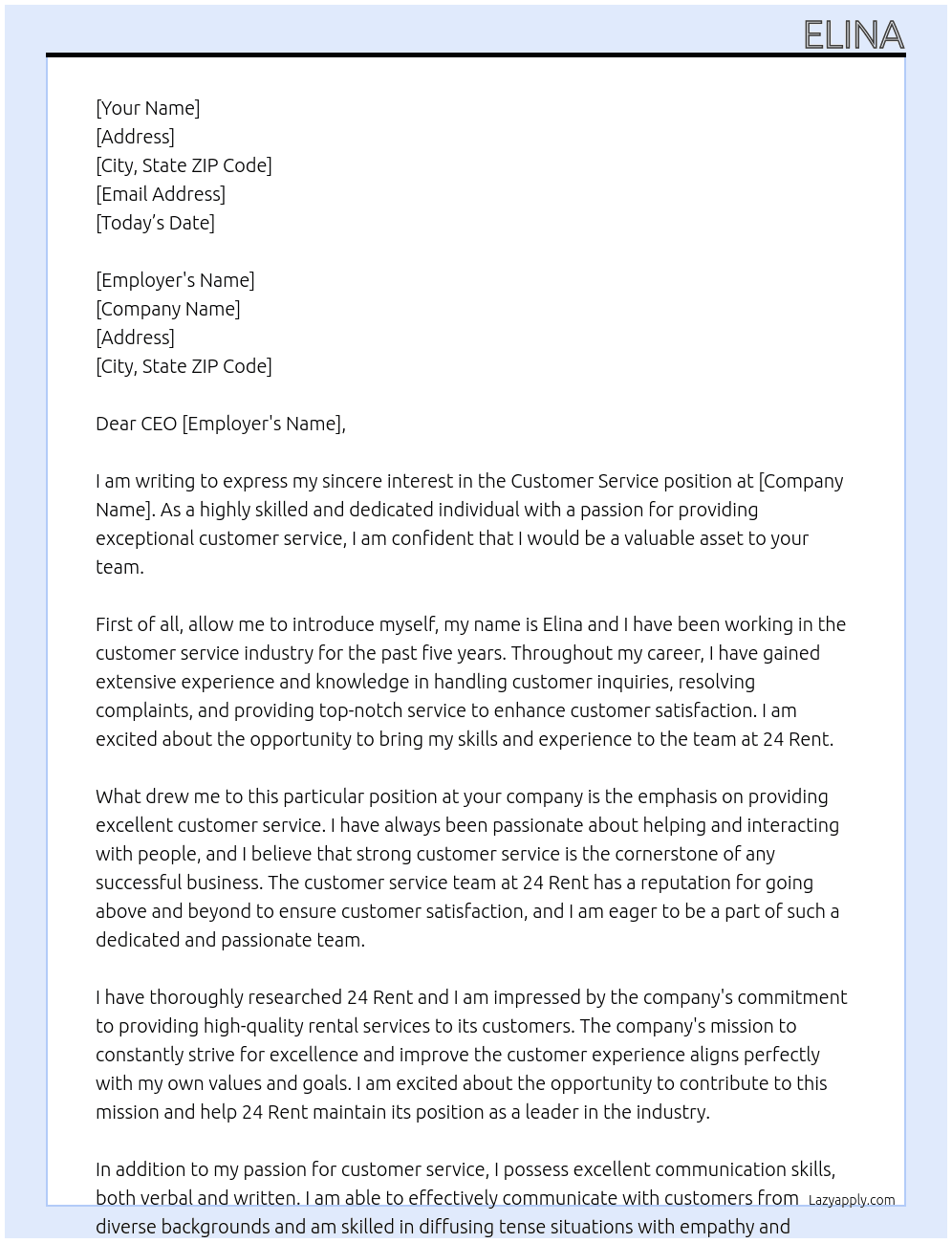 customer service At 24 rent Cover Letter