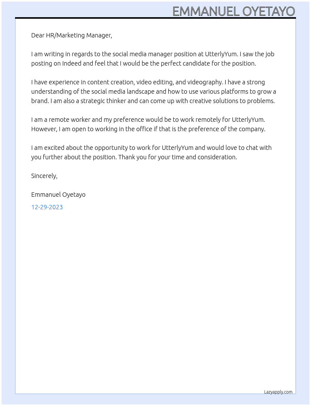social media manger At utterlyyum Cover Letter