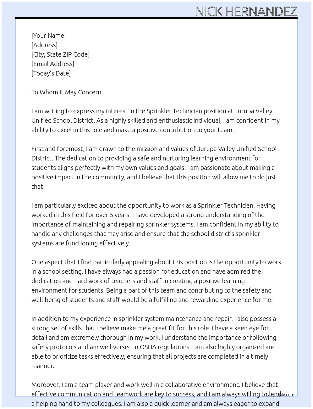 Sprinkler Technician At Jurupa Valley Unified School District Cover Letter