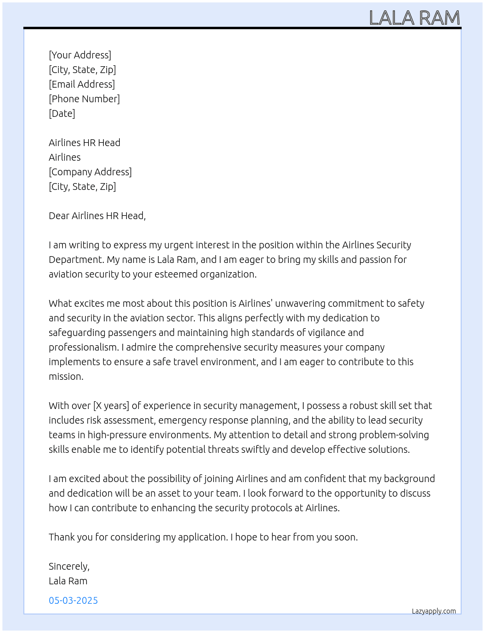 Airlines security department  At Airlines  Cover Letter