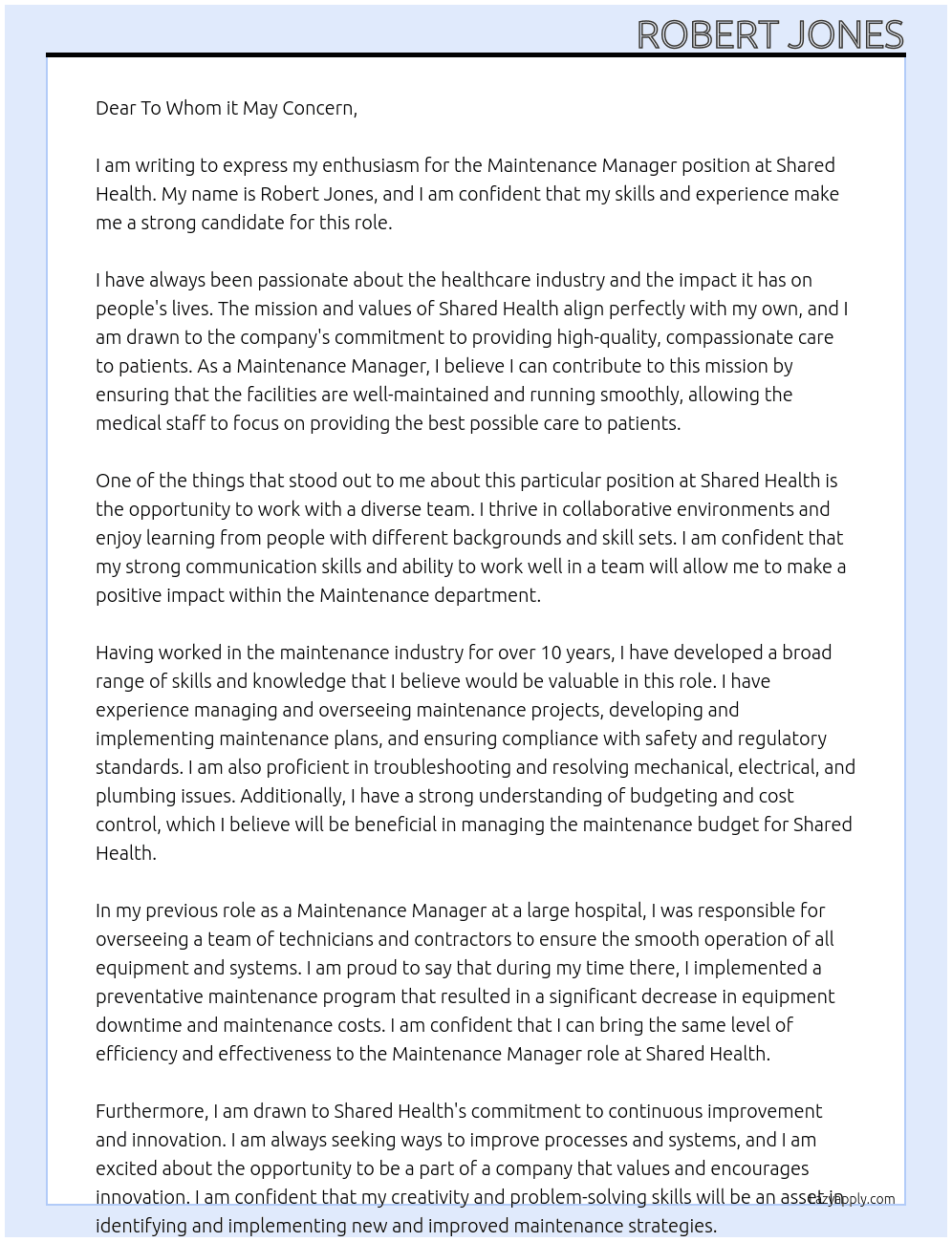 Maintenance Manger At Shared Health Cover Letter