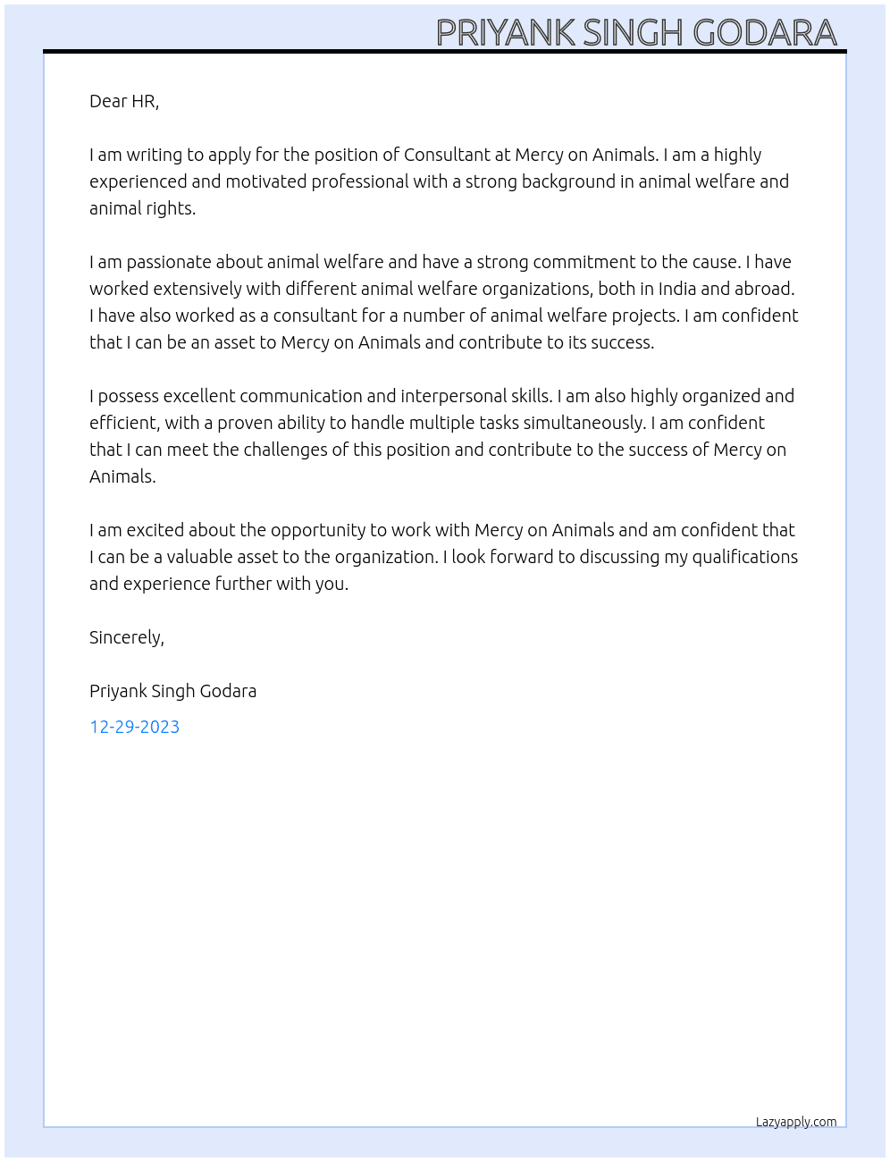 Consultant At Mercy on animals  Cover Letter