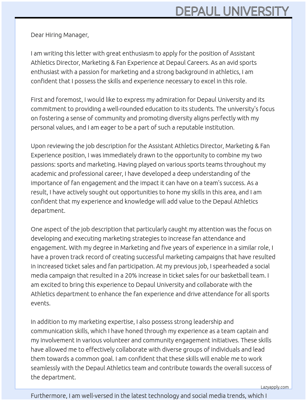 Assistant Athletics Director, Marketing & Fan Experience At Depaul Careers Cover Letter