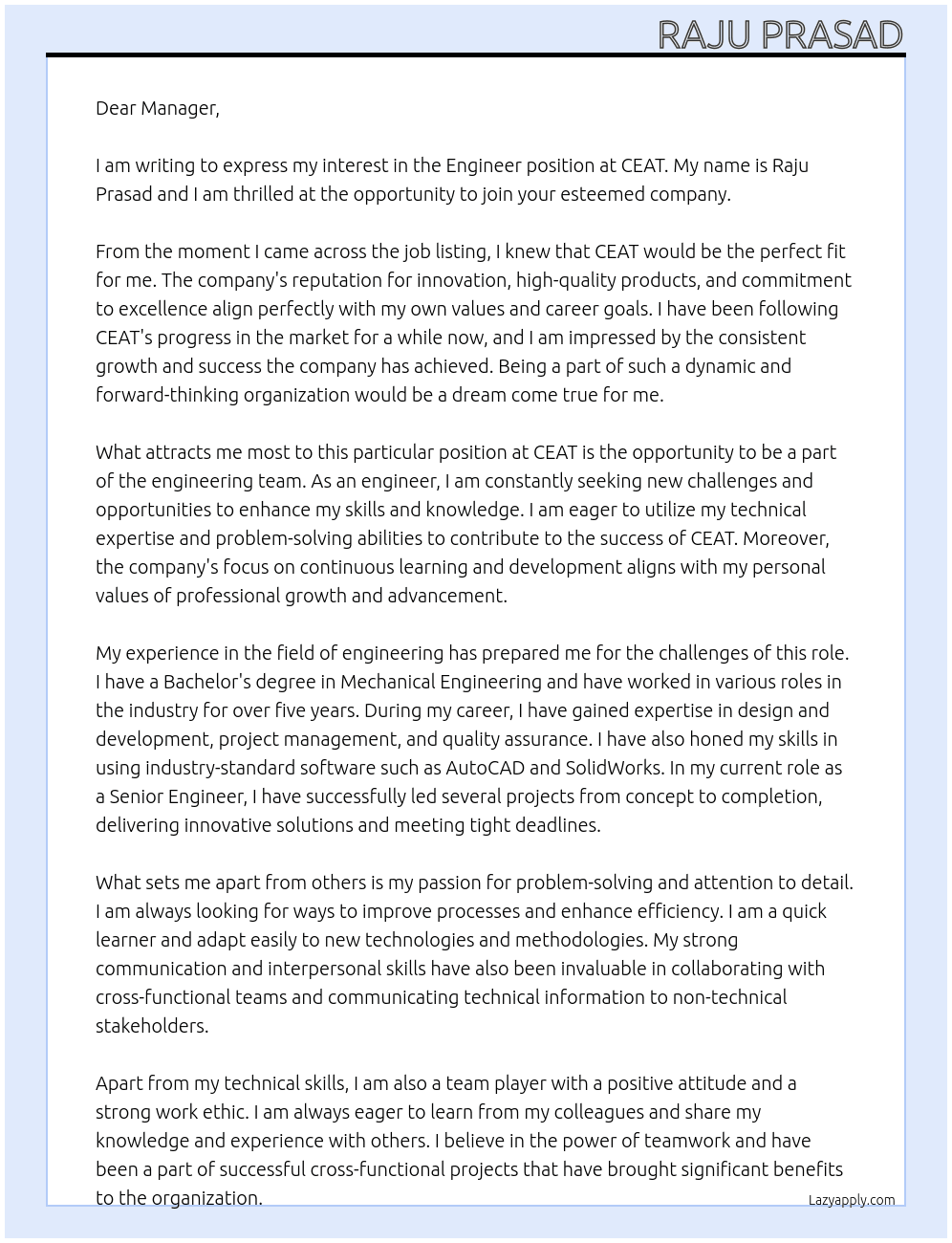 engineer At CEAT Cover Letter