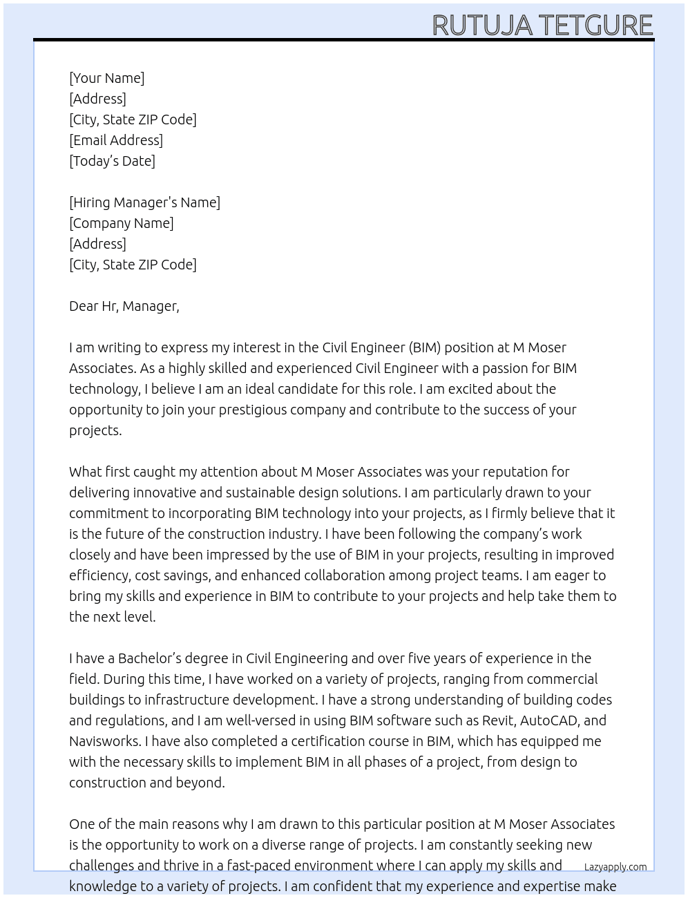 Civil  Engineer (BIM) At M Moser Associates Cover Letter