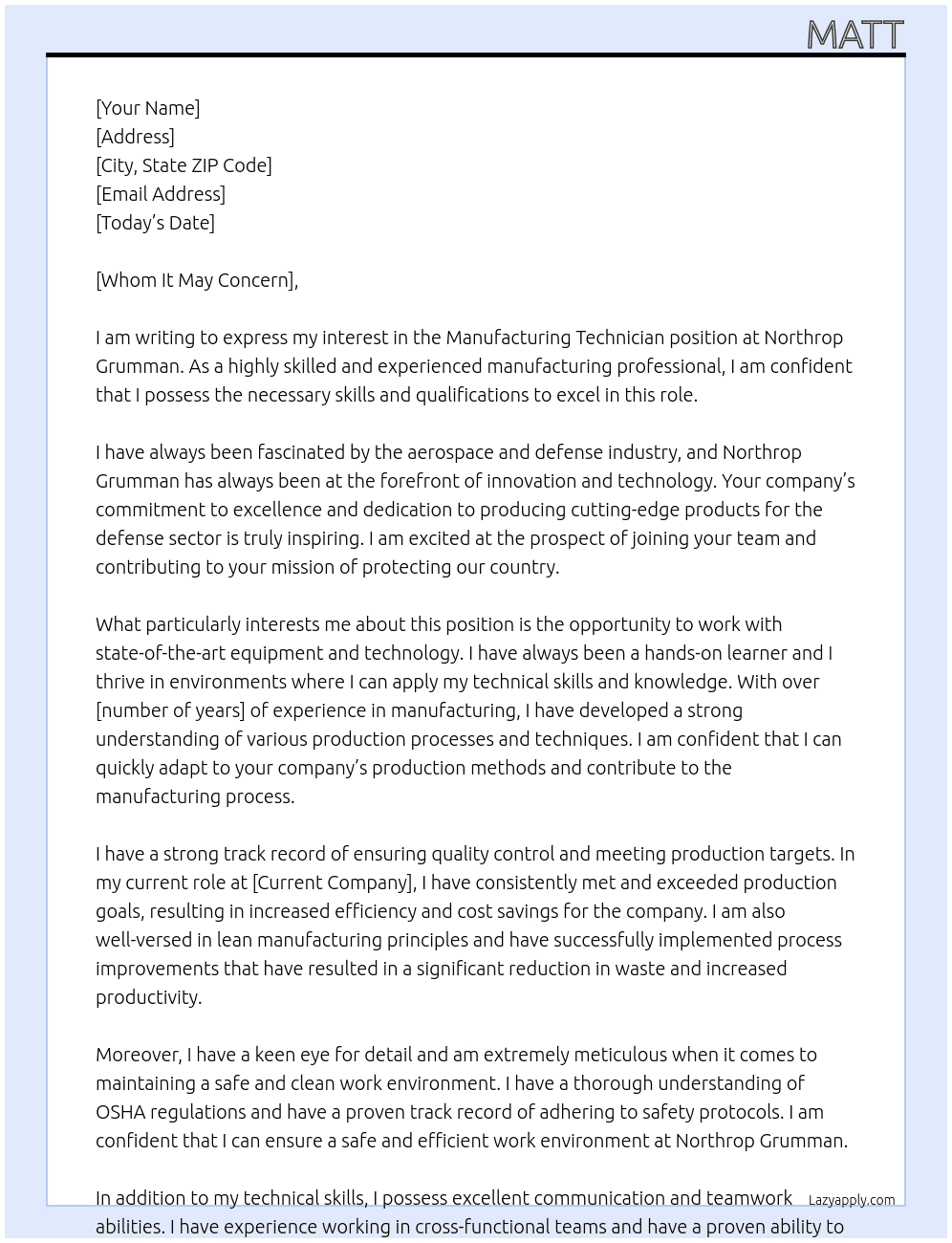 Manufacturing Technician  At Northrop Grumman  Cover Letter