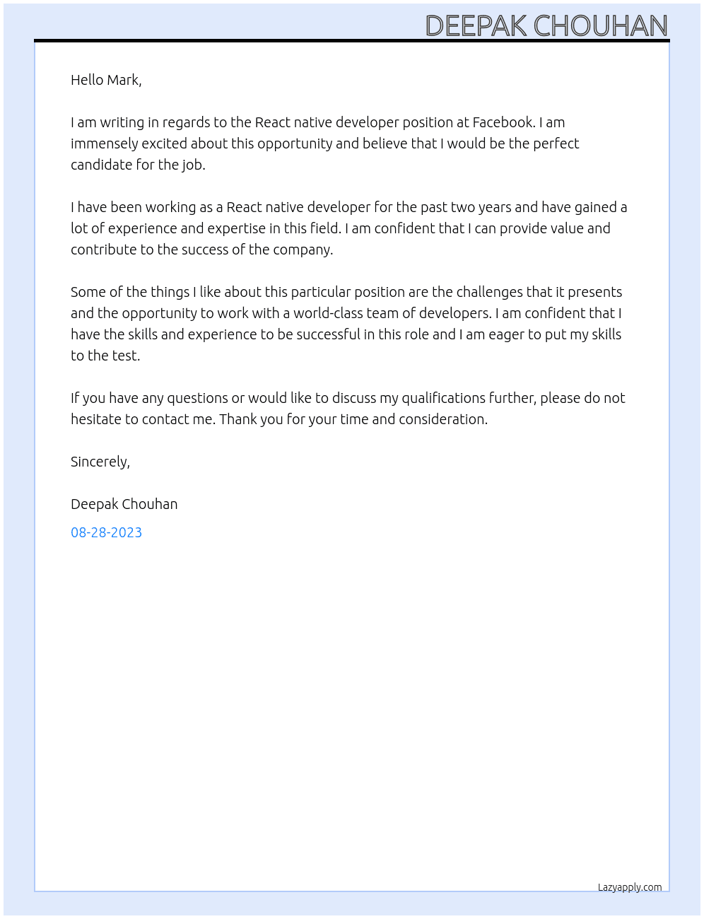 React native Devloper At facebook Cover Letter
