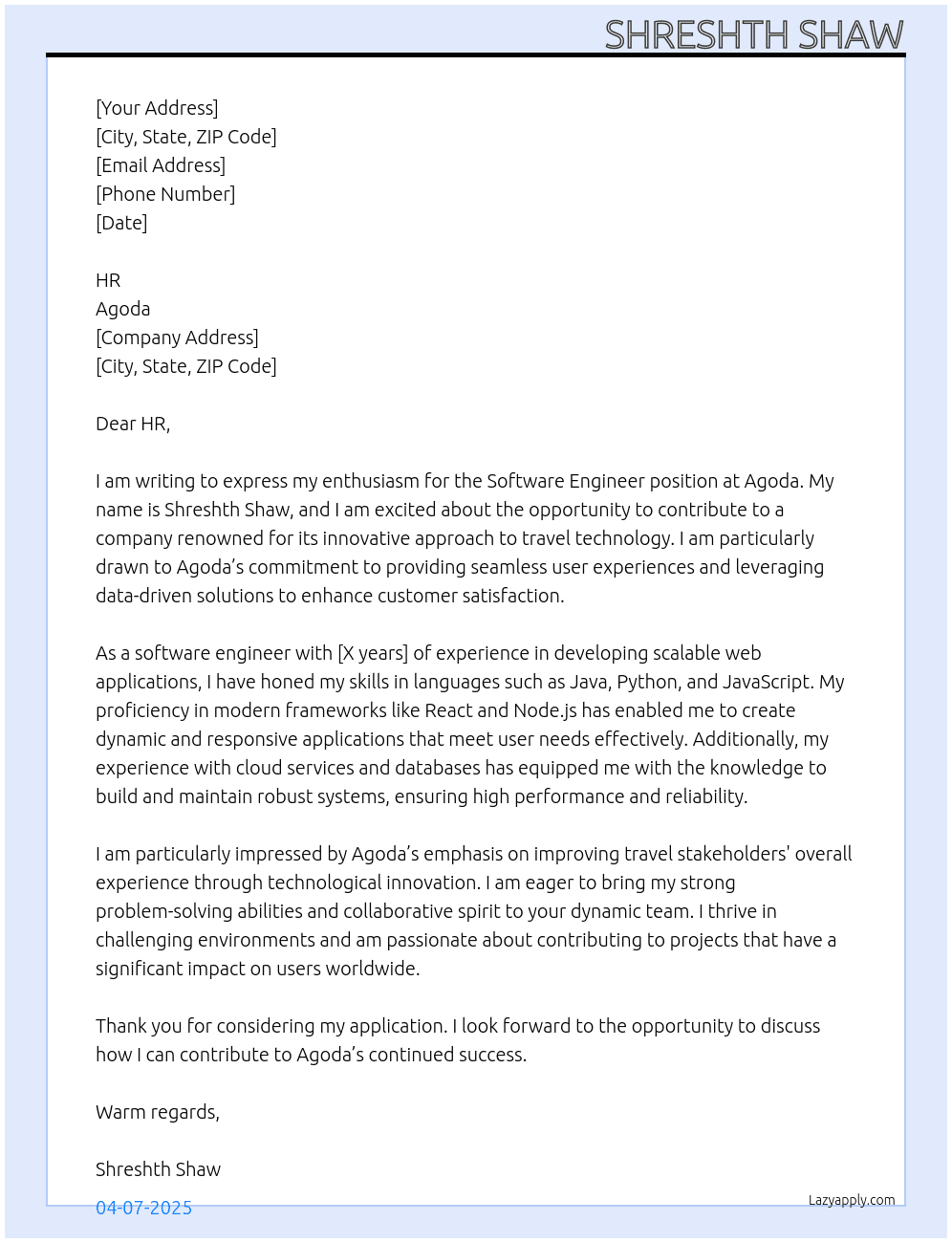 Software Engineer  At AGODA Cover Letter