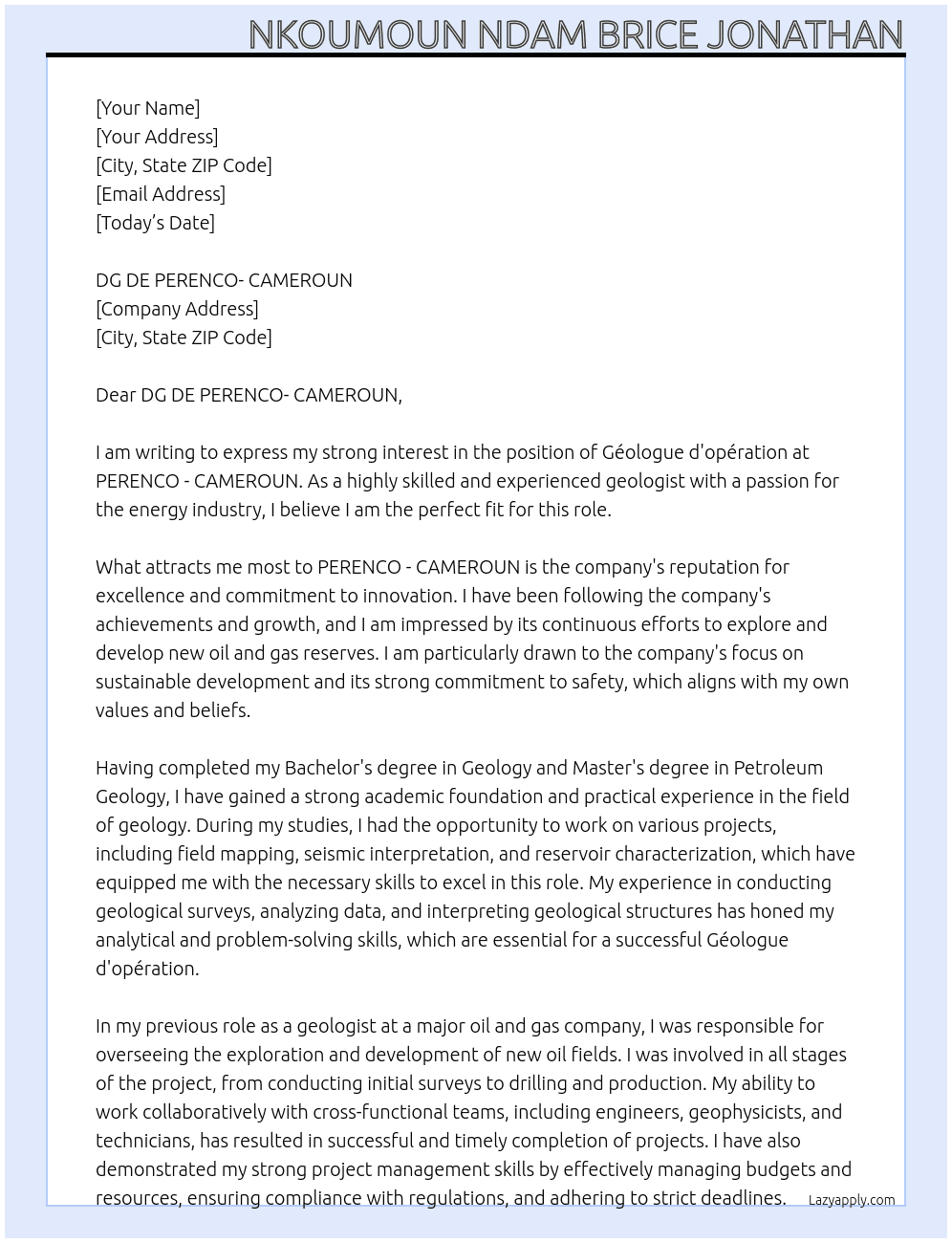 Géologue d'opération  At PERENCO - CAMEROUN  Cover Letter