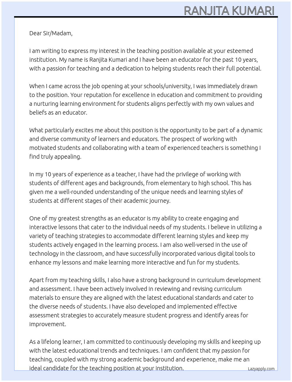 Teacher At Schools/ University  Cover Letter